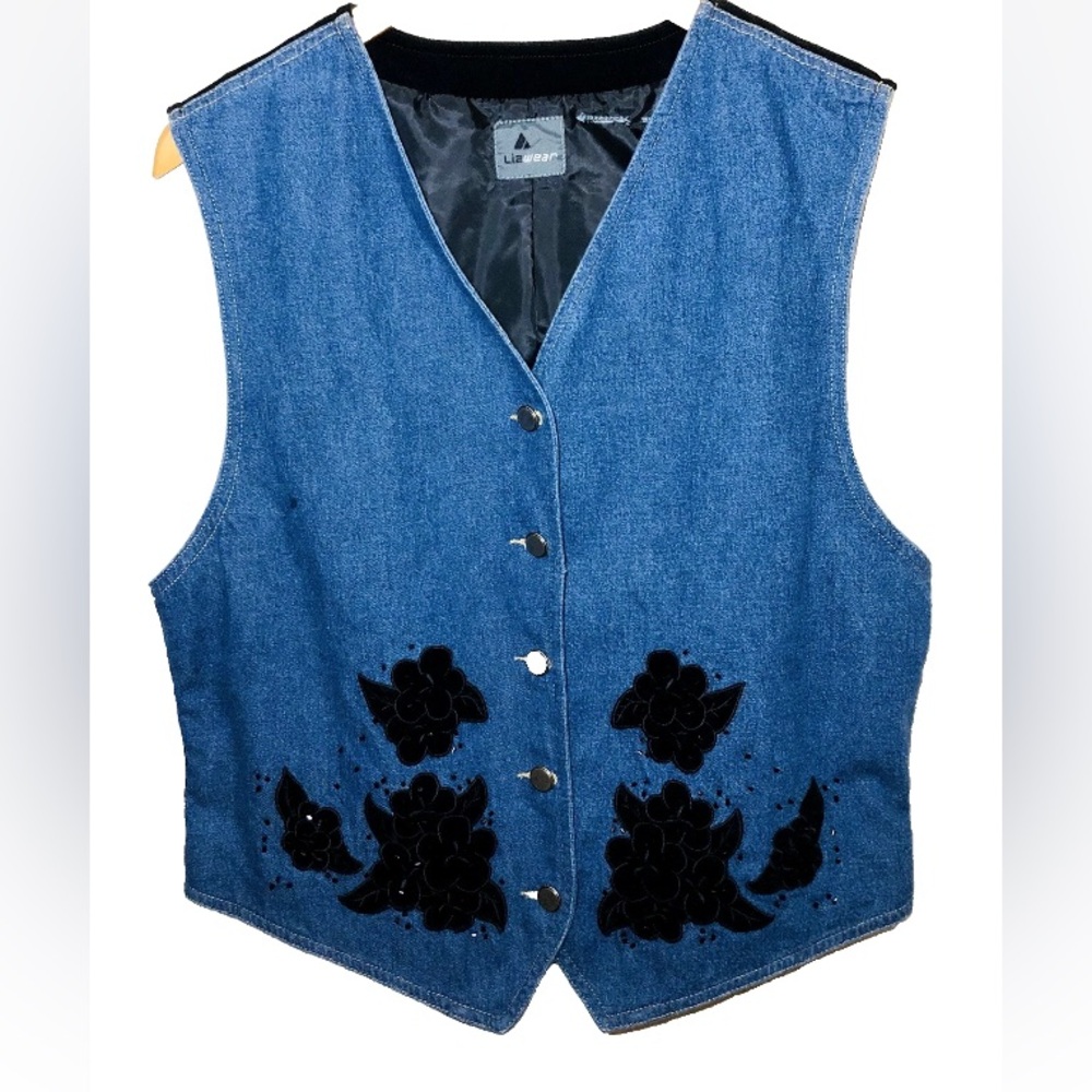 Vintage Lizwear Denim Vest Size M Embellished Black Flowers and Beads Lined